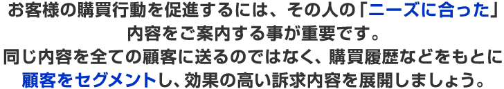 同じ内容を全ての顧客に送るのおではなく、購買履歴などをもとに顧客をセグメントし、効果の高い訴求内容を展開しましょう。